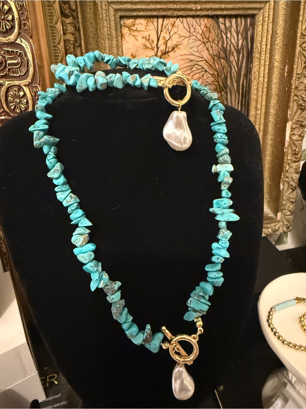 Set of Turquoise Chip Necklace with Pearl Drop necklace and bracelet